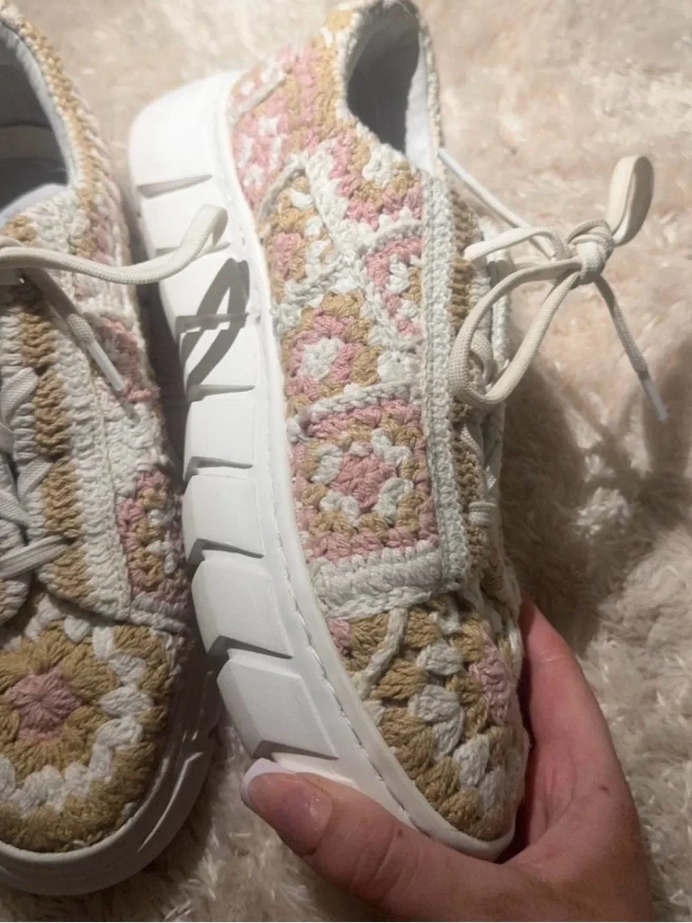 Free People Crochet Lace-Up Sneakers in Cream, Pink & Tan